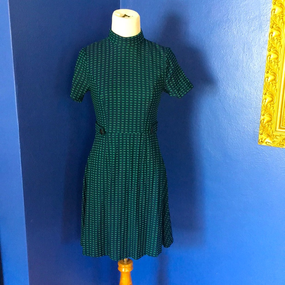 Modcloth mod retro 60s style dress green and blue windowpane print